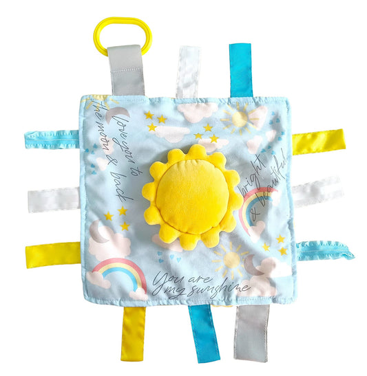 Baby Jack & Co 10x10 Sunshine Lovey Tag Toys for Babies - Jouets pour bébés - Jouets pour bébé - Doux et sûr - Apprendre les formes et les couleurs - Jouet et cadeau idéal pour bébé - Sans BPA avec clip pour poussette