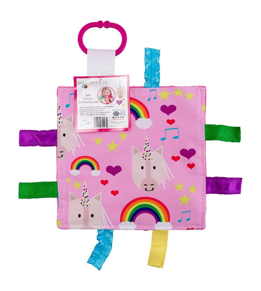 Baby Jack & Co – Doudou licorne 20 x 20 cm – Jouets bruissants pour bébés – Jouets doux et sûrs pour bébés – Apprentissage des formes et des couleurs – Jouet idéal pour bébé – Sans BPA avec attache pour poussette